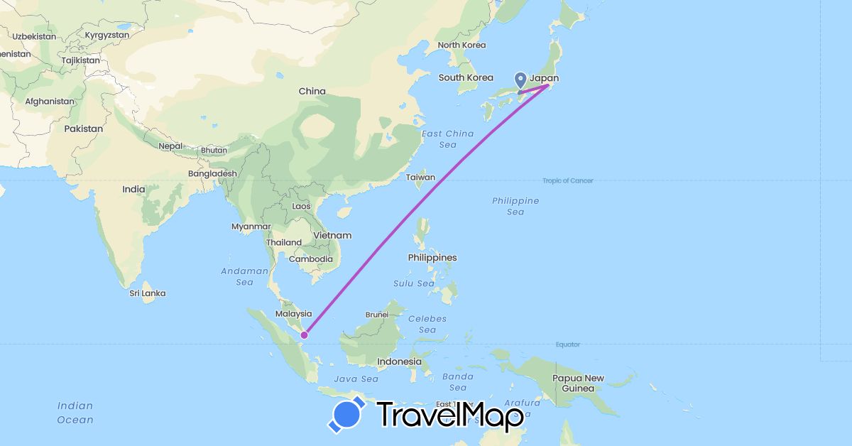 TravelMap itinerary: driving, cycling, train in Japan, Singapore (Asia)